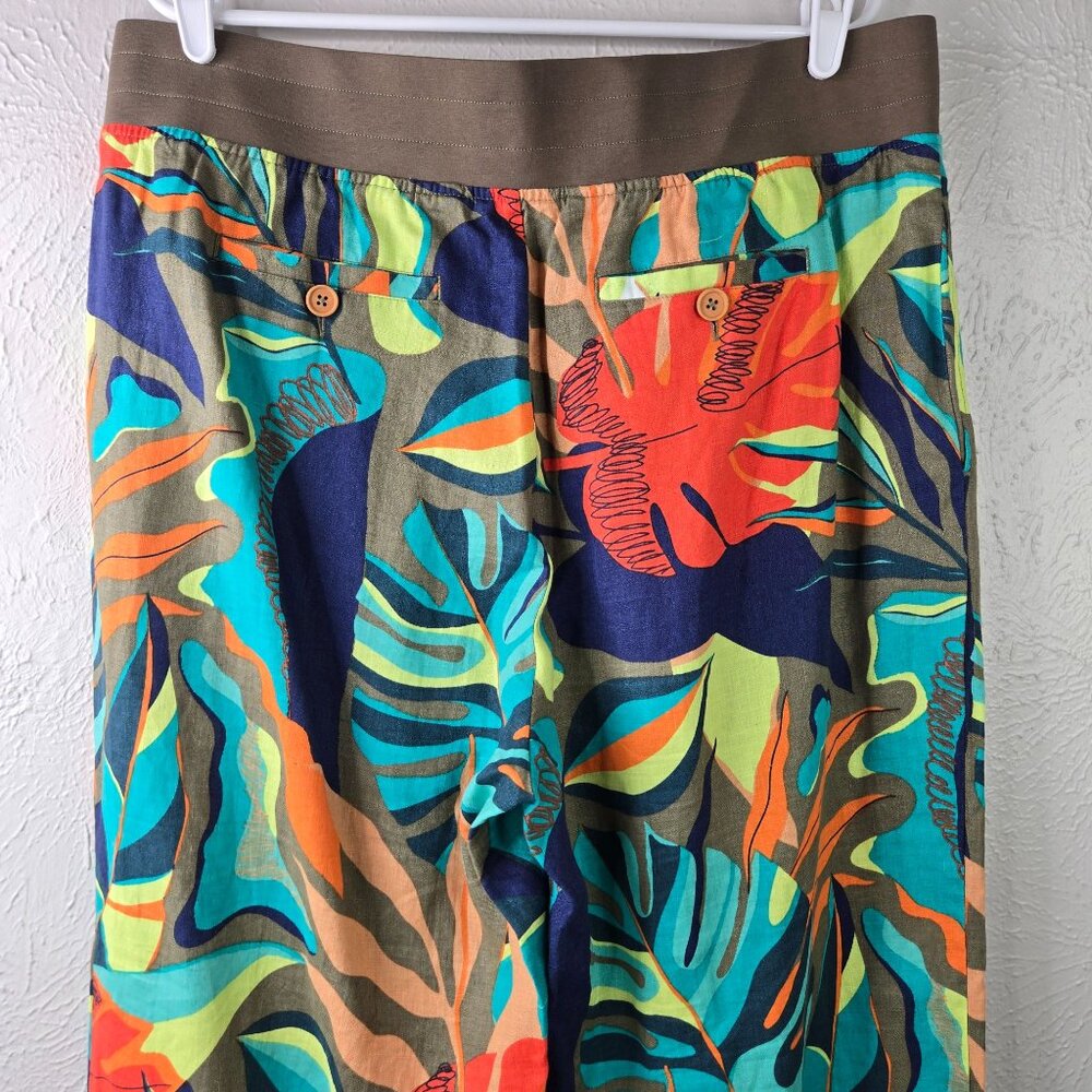 Soft Surroundings Wide Leg Linen Pants XL Tropical Print High Waisted Pull On - Picture 7 of 13